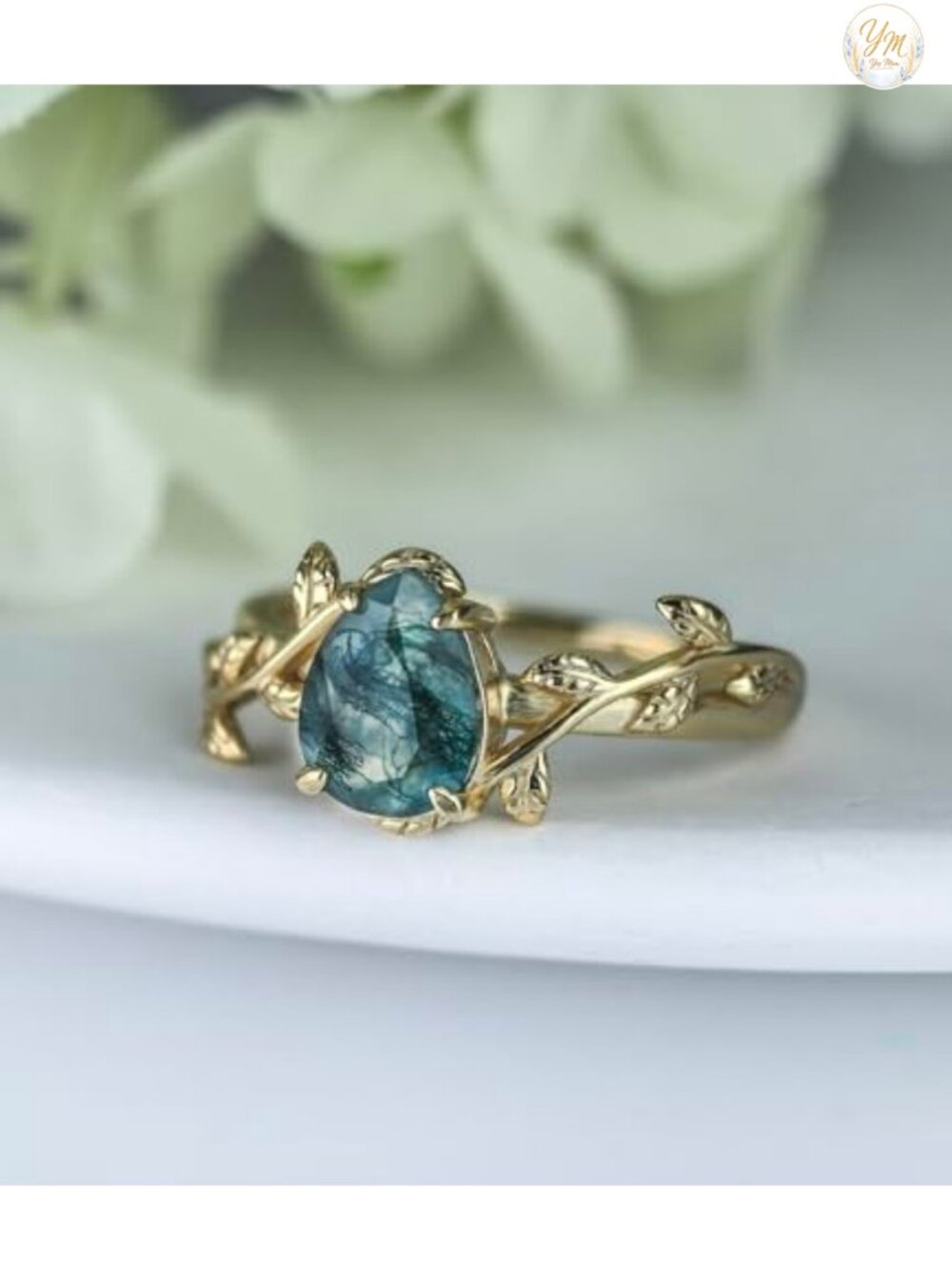 Moss Agate Sterling Silver Engagement Ring Pear Solitaire Size 7 - Picture 2 of 3